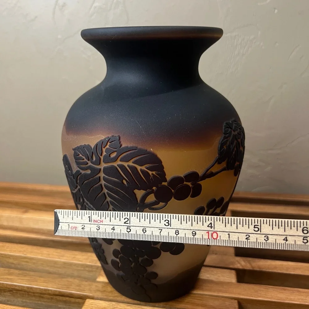 Frosted Amber Art Nouveau Glass Vase Grapevine Cameo Relief Black Ombre Finish